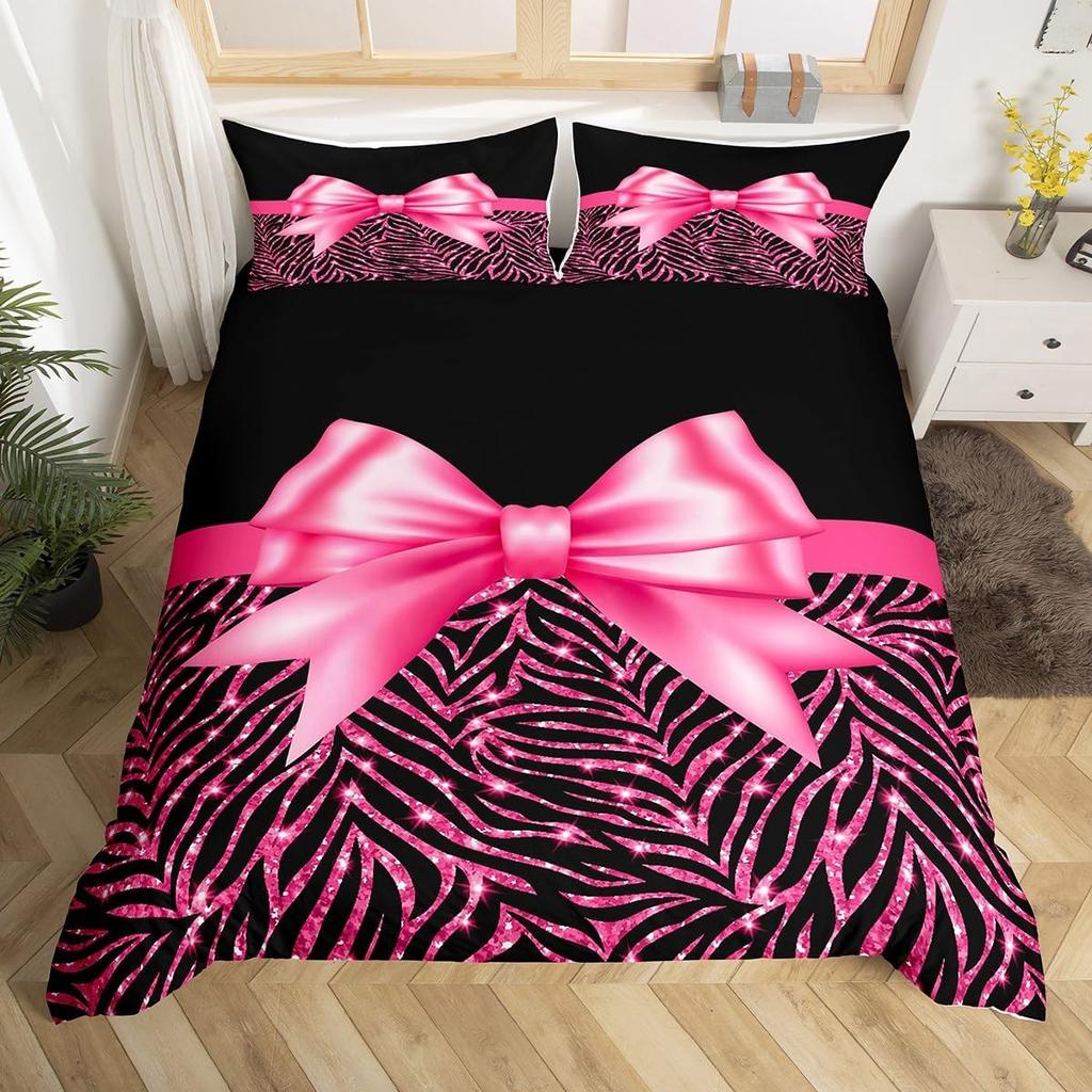 Pink Bow Duvet Cover Set For Kids Adults Girls Dreamy Princess Style Bedding Set Kawaii Bowknot Comforter Cover With Pillowcases