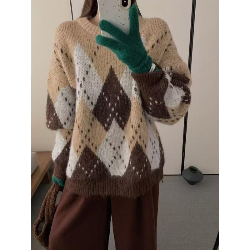 Vintage diamond Christmas knitted pullover sweater women's autumn and winter loose high-end casual round neck lazy wind knitted sweater women
