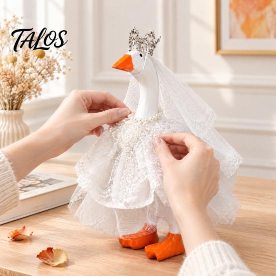 Soft Lace Goose Costume 7 Inch Mini Wedding Outfit, Tulle Bridal Dress with Crown, Crown for Ornament Veil & Pearl Bracelet, Cute Figurine Tabletop