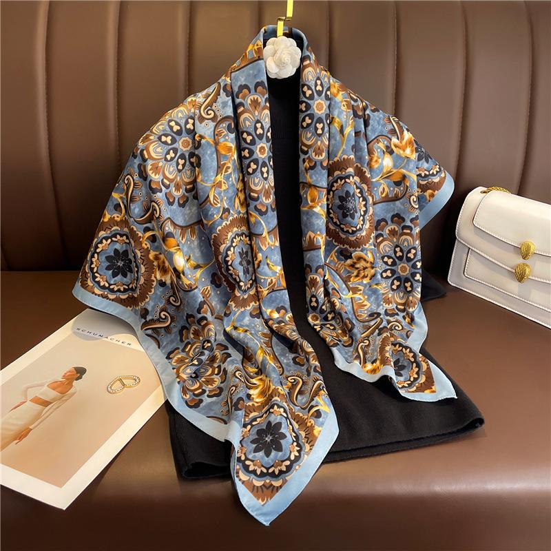 European Style Scarf Retro Printed Silk Scarf 91x91cm Large Square Scarf Headscarf Travel Sunscreen Shawl Versatile Woman