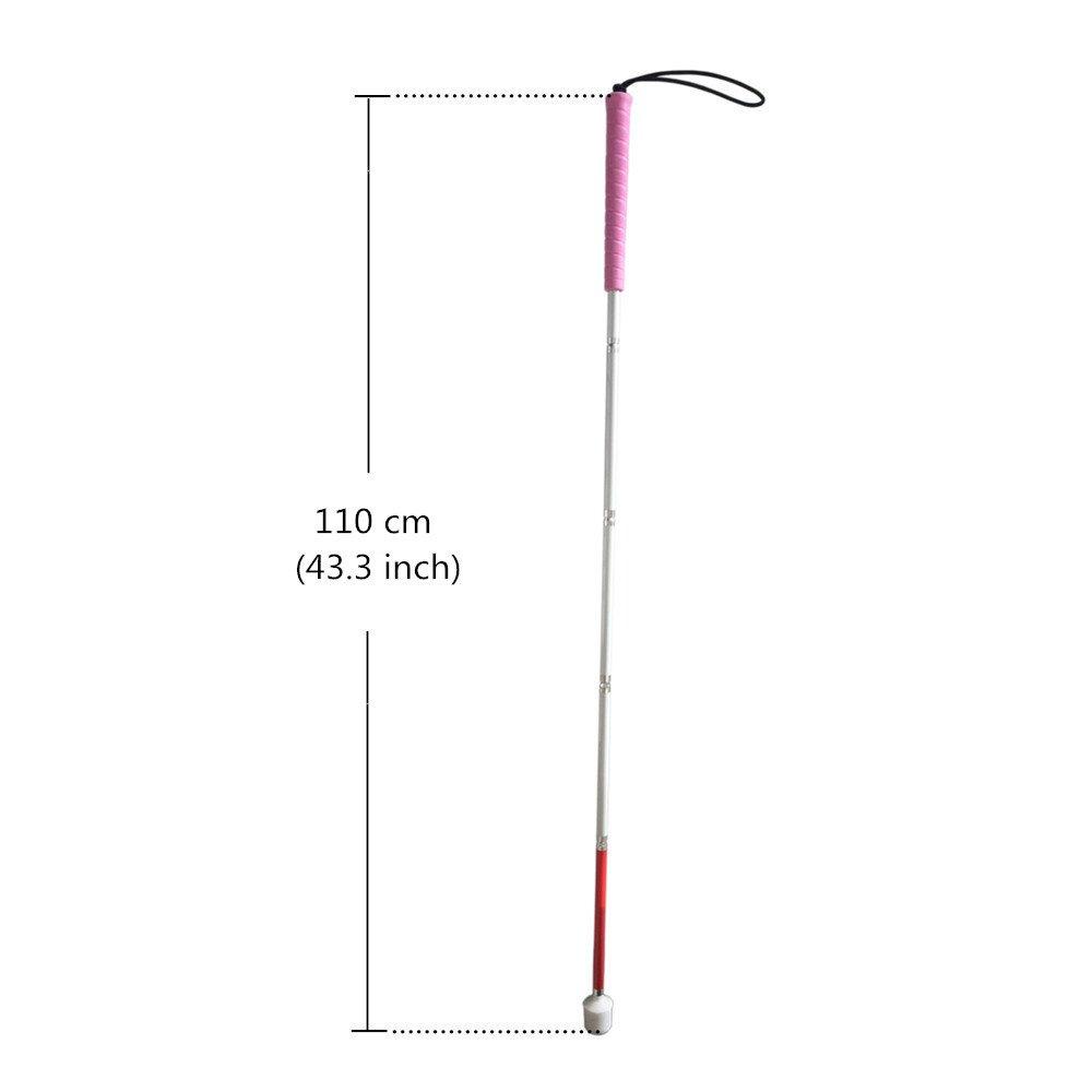 Folding white cane for the blind, five sections, aluminum construction (110 cm (pink rubber grip))