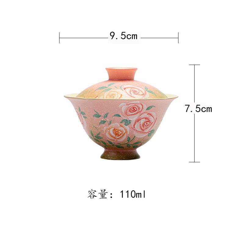 

110ml Hand-painted Rose Gaiwan Luxury Not Hot Tea Tureen Household Tea Bowl With Lid Kit Tea Maker Cover Bowl Teaset Decoration