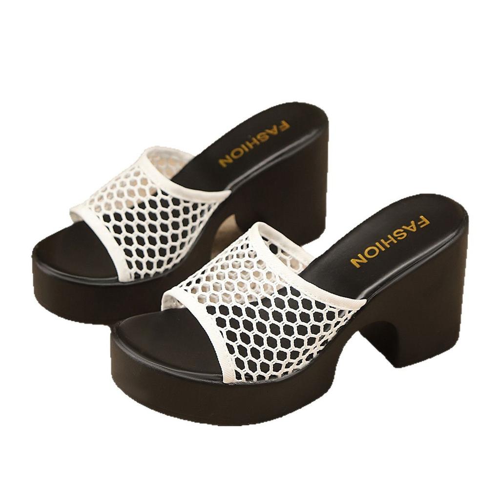 Personalized Hollowed-out Mesh Round-toe Summer High-heeled Fashionable One-shoulder Slippers