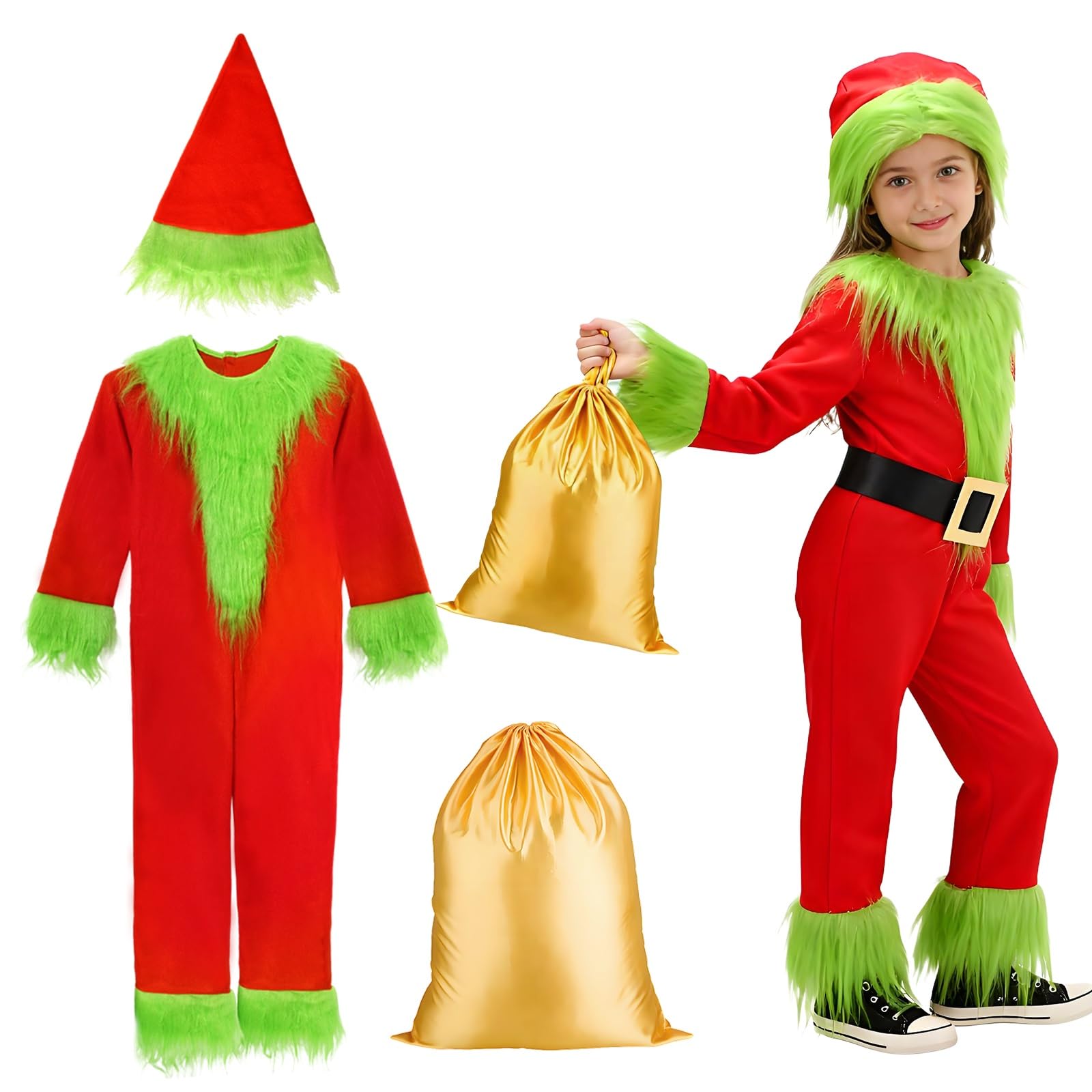 Рождественский костюм Санты для детей Yi-gog, Плюшевый комбинезон Зеленого Монстра, Косплей Санты, Набор из 4 предметов с платьем, шапкой Санты и поясом, Идеально для семьи