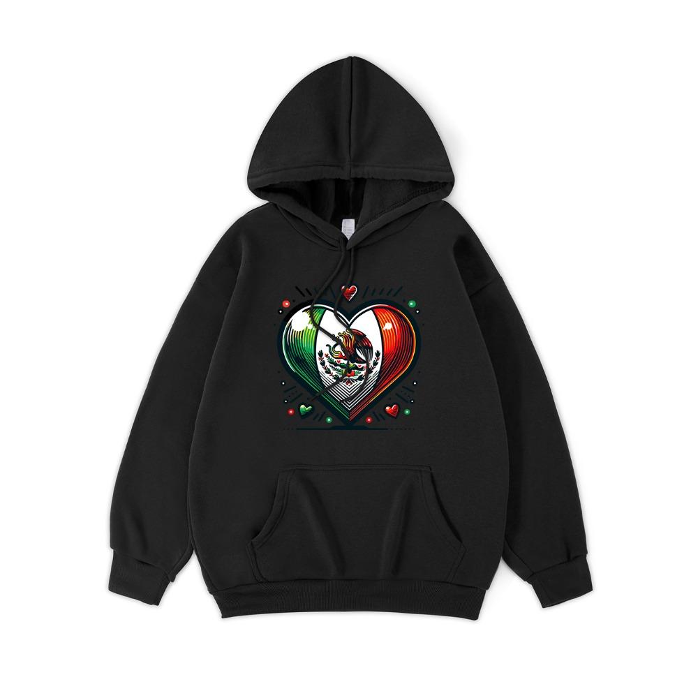 Mexico Eagle Heart Printing Hoodies Womens Winter Fleece Warm Hooded Casual Pocket Sweatshirt Street Loose Womans