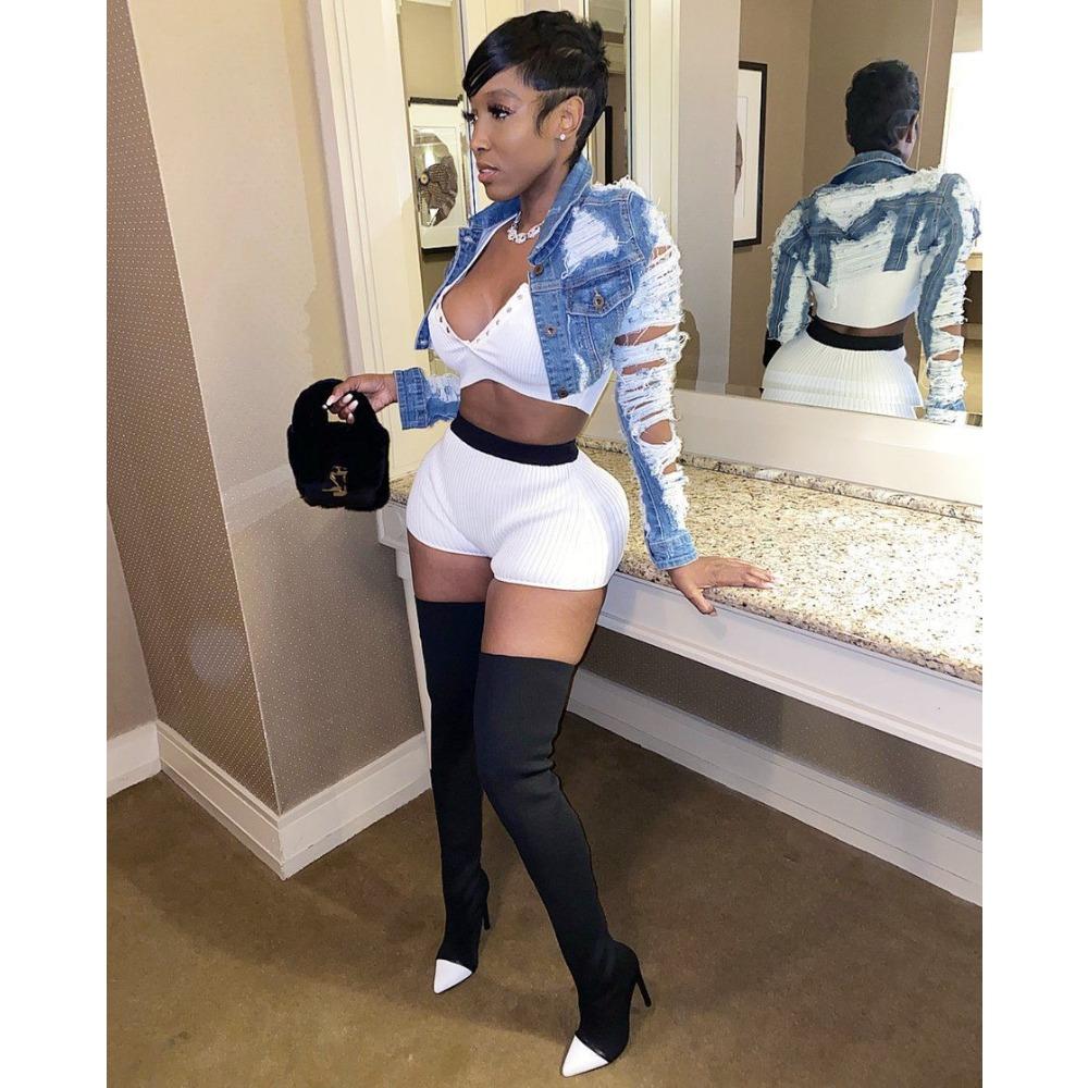 Women s Stand Collar Long Sleeve Crop Denim Jacket Loose Streetwear Ripped Cutout Patchwork Button Front Outerwear S