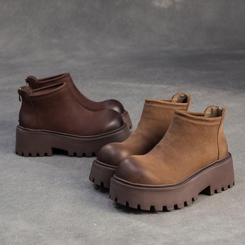 Johnature Genuine Leather Thick Soled Ankle Boots Retro Back Zipper Cowhide Commuting Women's Platform Shoes