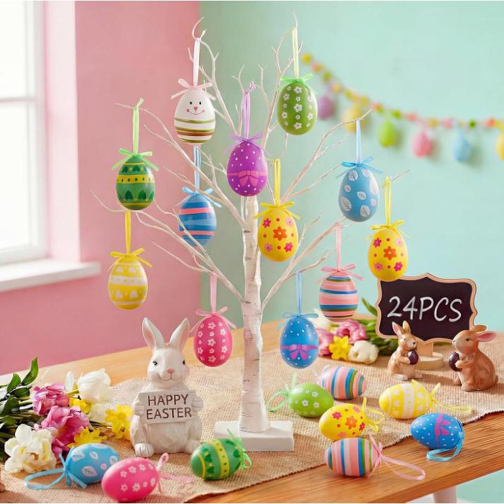 Easter Hanging Eggs Colorful Easter Egg Hanging Ornaments Decor Hand Painted Ball DIY Crafts Tree Ornaments Easter Decorations