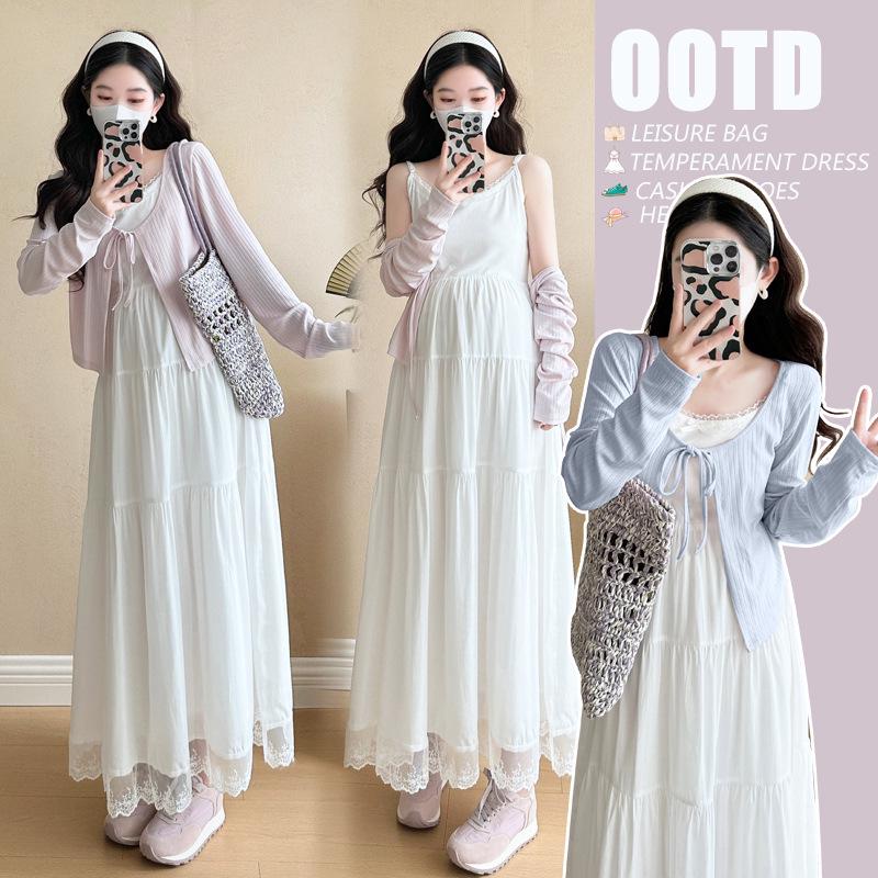 2026 Spring Chic White Spaghetti Strap Maternity Dress Set XL