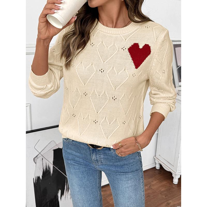 Autumn Round Neck Contrasting Color Heart Jacquard Knitted Sweater for Women's Casual Simple Hollow Out Versatile Sweater