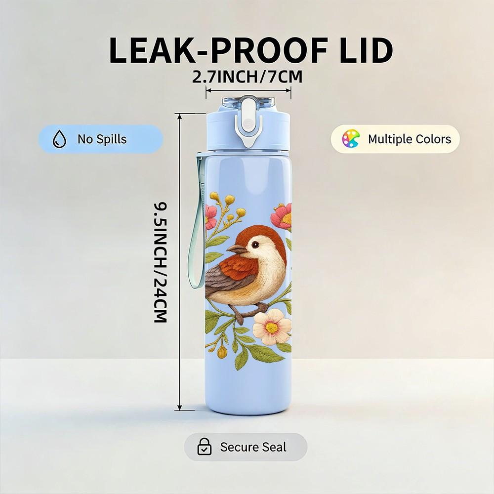 1PC Robin Bird Wildflower Print 750ml Color Plastic Sports Water Bottle Leakproof Flip Straw Lid Suitable for Sports Office Home Use