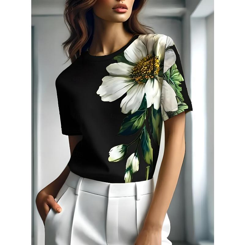 3DPrinted Short Sleeve Floral Small White Flower Printed Women's Round Neck T-shirt Summer Loose Women's Casual Short Sleeve Top