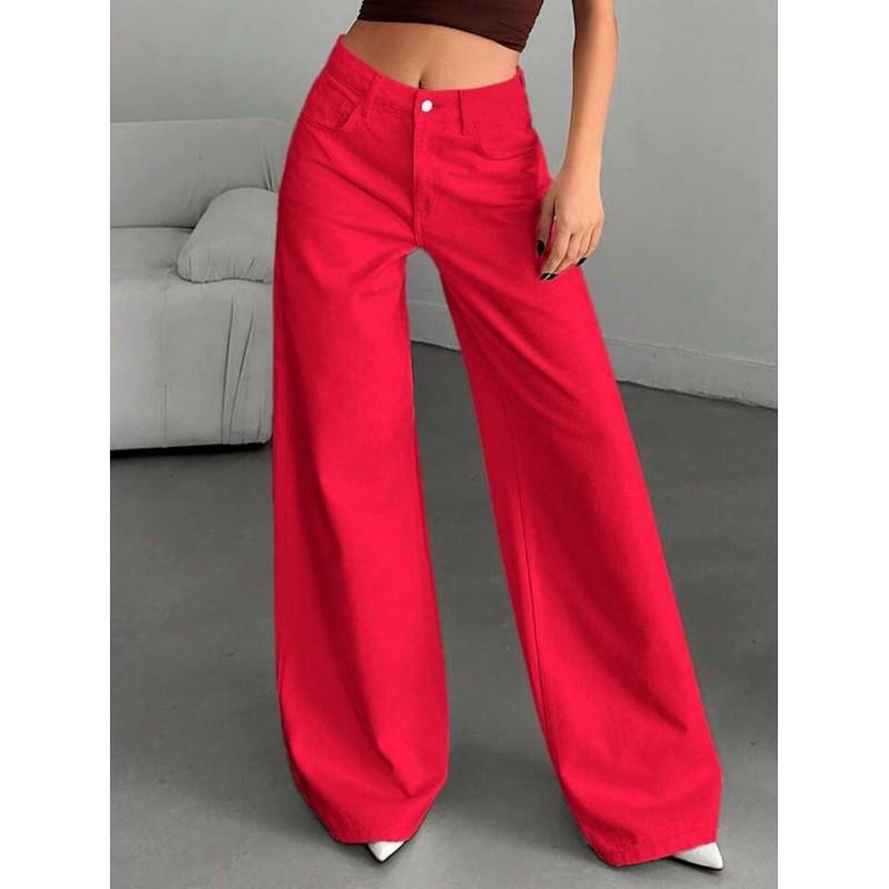 Womens High-Waisted Wide-Leg Straight Cut Red