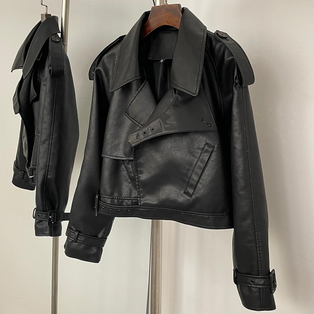 OFTBUY Dámská vintage volná krátká bunda z umělé kůže s páskem na motorku, dámská retro moto bikerská bunda, svrchní prádlo, topy