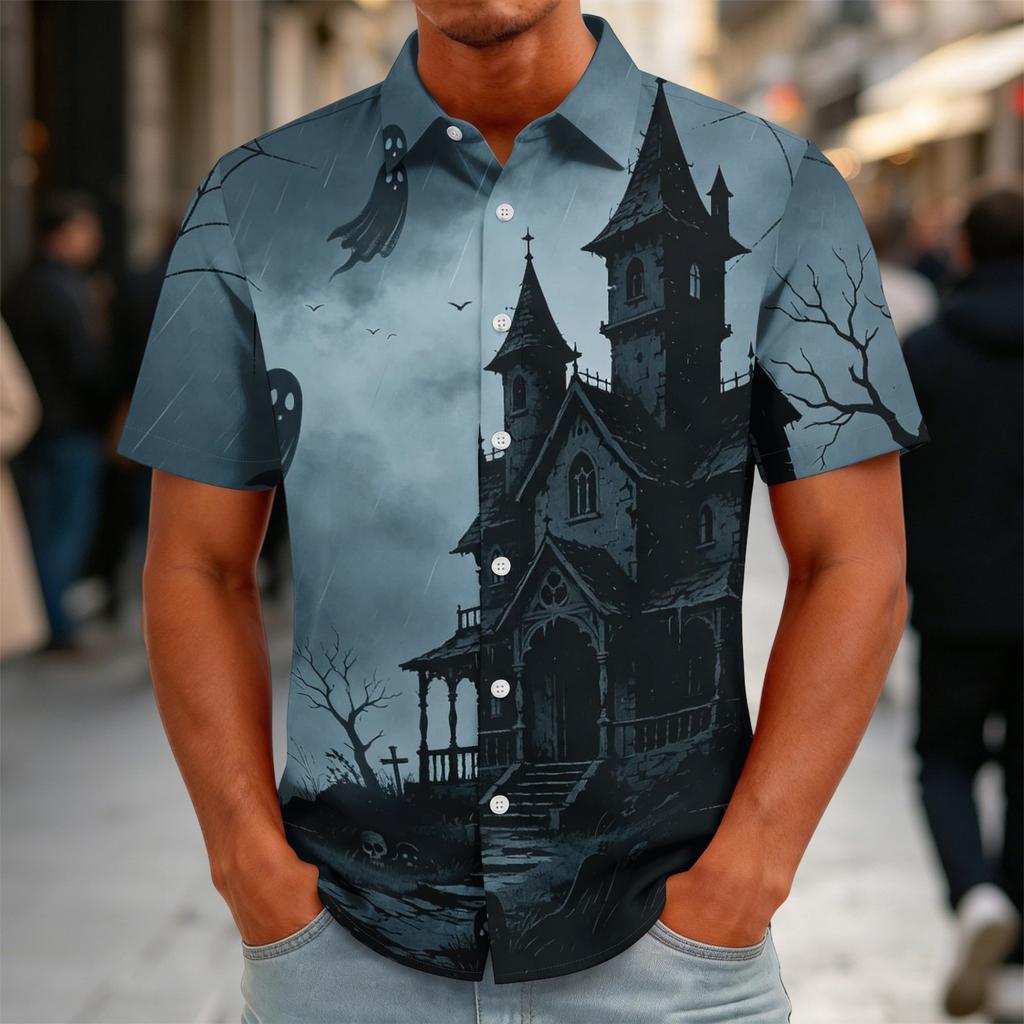 Men's Halloween Print Vintage Button Down Cardigan Shirt - Loose Fit Breathable Summer Casual Streetwear Top