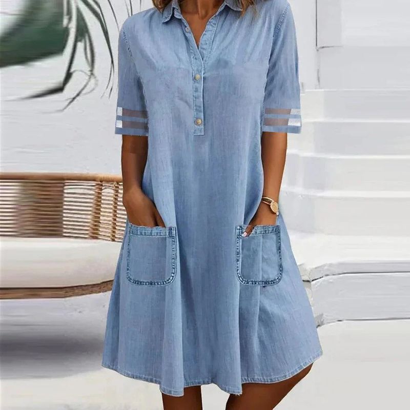 Denim Dress2025 European and American Summer New Women Cuff Mesh Patchwork All-Match Denim Short Sleeve Dress