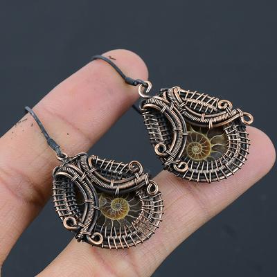 Natural Ammonite Fossil Gemstone Handmade Copper Wire Wrap Earring 2.21 P7W40