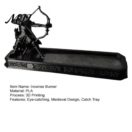 Fantasy Themed Office Desk Decor Incense Holder with Catch Tray, Archer Warrior Figurine Burner, 3D Printed Matte Black Resin Decorative Stick