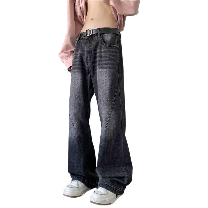 Men's Retro Washed Distressed Flared Wide-Leg Jeans - Trendy Loose Fit for Autumn