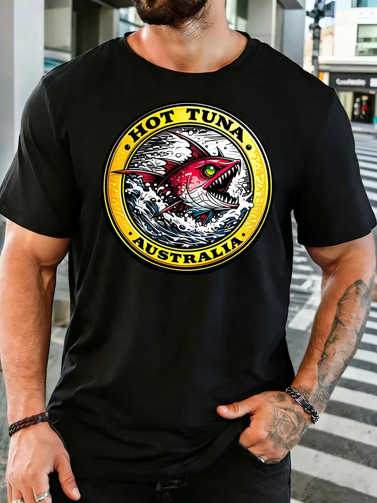 Unisex Retro Hot Tuna Australia Fish Badge Graphic Cotton Short Sleeve Tee Crew Neck Soft Male Summer Casual Breathable Street Top