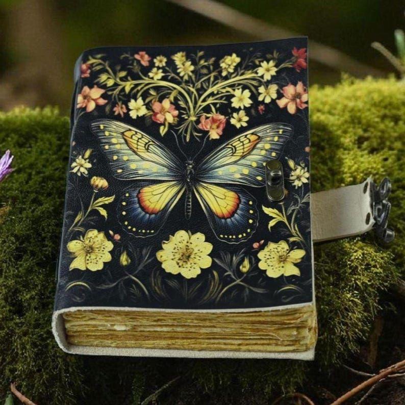 Book of Shadows – Leather Spell Journal with Moth Butterfly – Witchcraft Grimoire – Gift for Her & Daughter