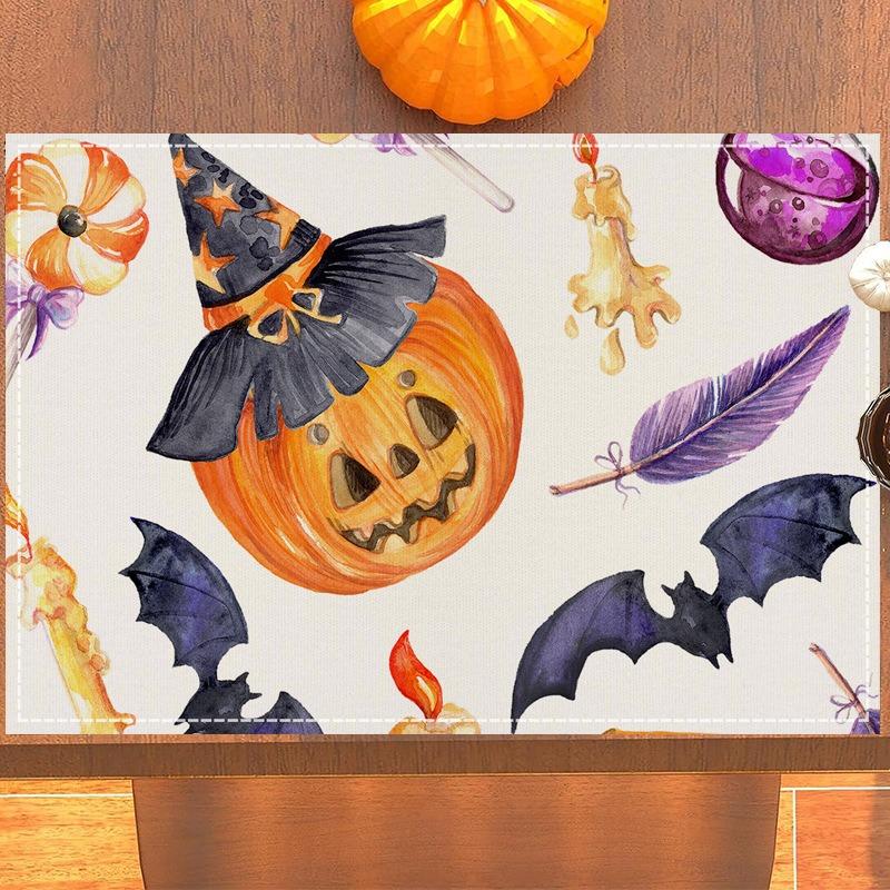 4PCS Halloween Place Mats Set Square Table Mats Machine Washable for Autumn Party and Kitchen Decor