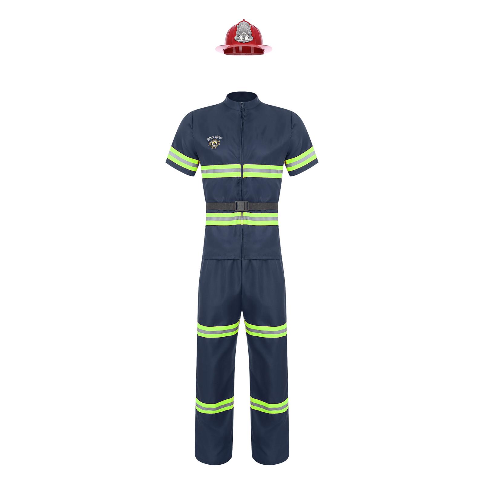 

Mens Firefighter Role Play Costume Reflective Stripe Jacket Pants Set with Helmet Belt 170