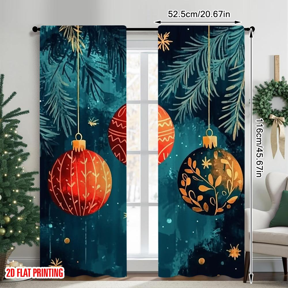 2pcs 2D Flat Printing Christmas Party Curtain Christmas Red Orange Orbs with Blue Snowflakes and Winter Branches Versatile