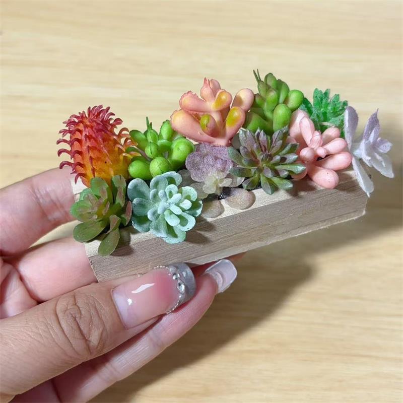 Zufällige Eine Puppenhaus-Miniatur Sukkulente Holztrog Grün Pflanztopf Modell Mikro-Landschaft Dekor Ornamente Rollenspielzeug