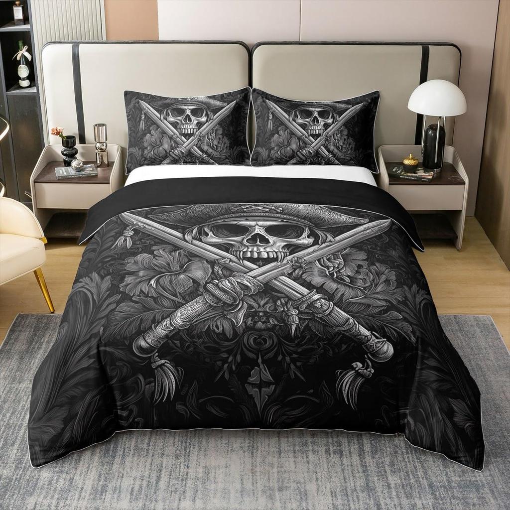 Pirates Skull Duvet Cover Sets for Boys Kids Men Teen Queen Lightweight Bedding Sets Nautical Bedding Set Bedroom Decor No Quilt