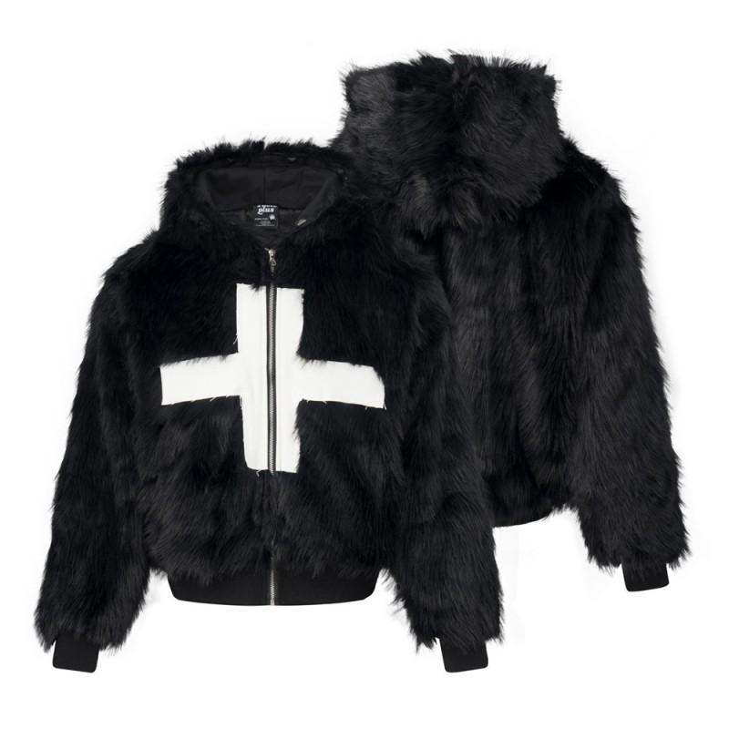 Pánská zimní péřová bunda s kapucí z umělé kožešiny, křížové nášivky, Streetwear, Teplý kabát