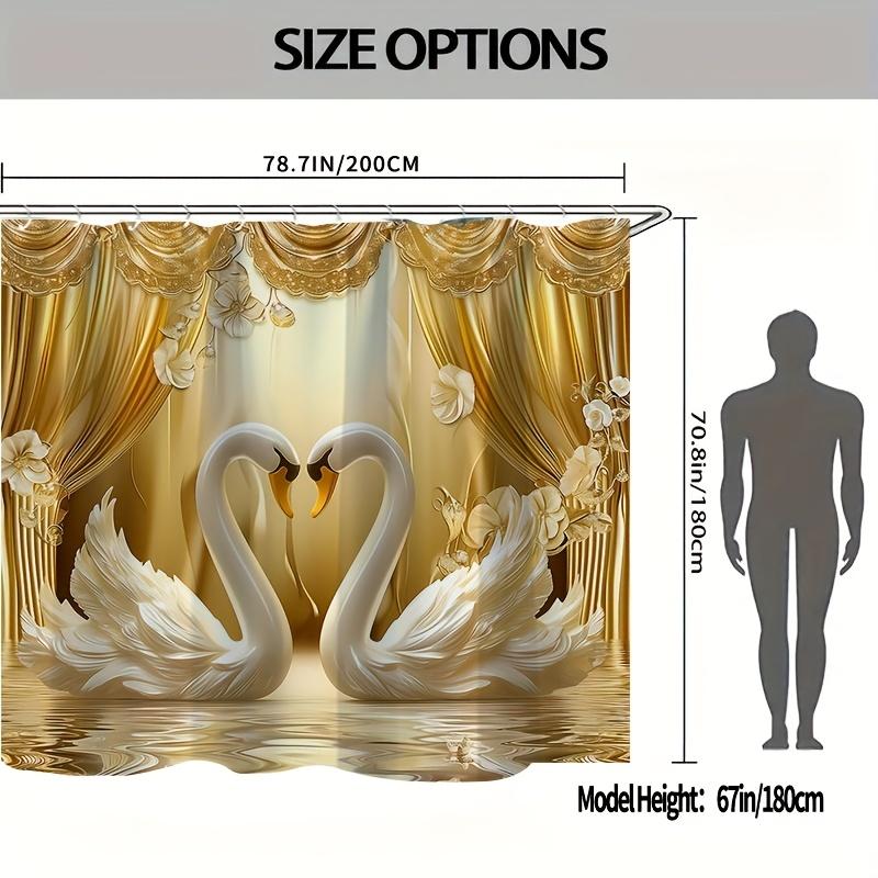 1/4 Stück Badezimmer Duschvorhang Set Golden 3D Schwan Druck Badezimmer Vorhang Mit 12 Haken Rutschfeste Teppiche WC-Deckel Matte Badezimmer Trennwand