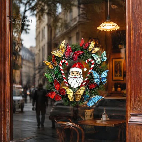 Bathroom Glass Decoration Christmas Wreath Window Sticker, Stained Style, Removable Santa Butterfly Candy Static Clings Cane Decal, PVC Cling for Home