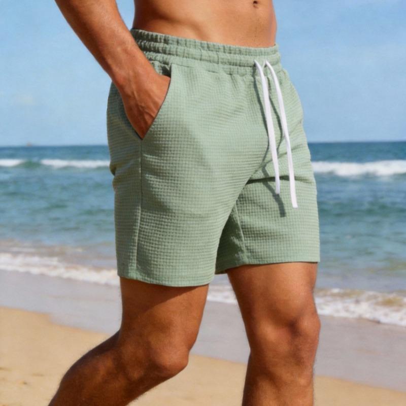 Pantaloncini casual da uomo a tinta unita in maglia waffle con coulisse in vita