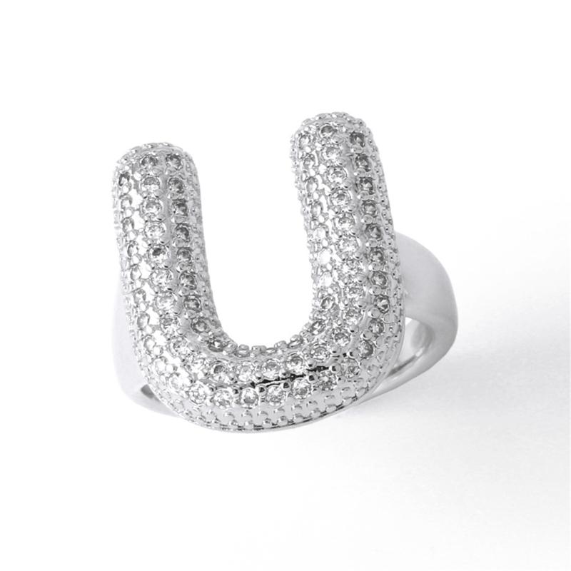 Letter Design Ring with Clear Stone Detail, Copper Base Fashion Jewelry for Daily Outfits, Party Styling and Gifts
