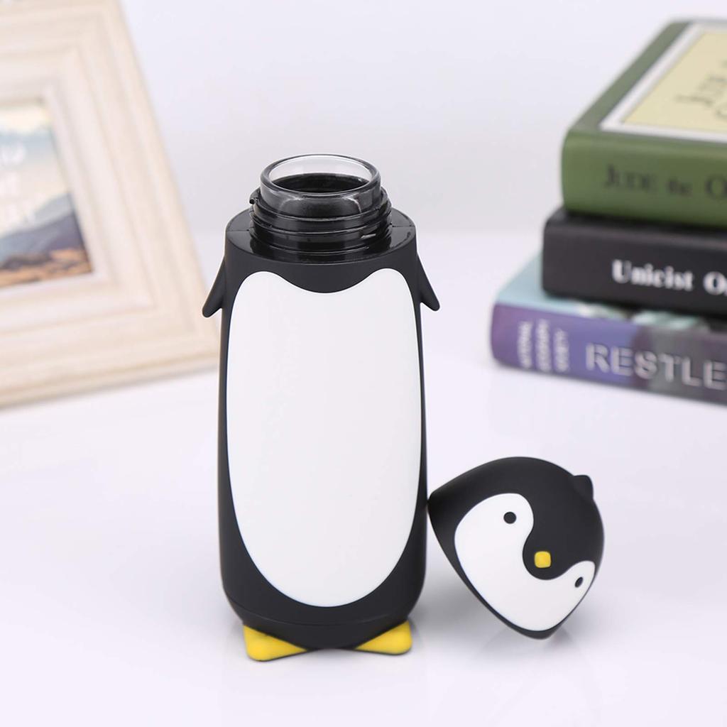 J-ouuo 300ml Portable Cute Penguin Glass Water Bottle Double-Layer Mug Travel Cup (Black)