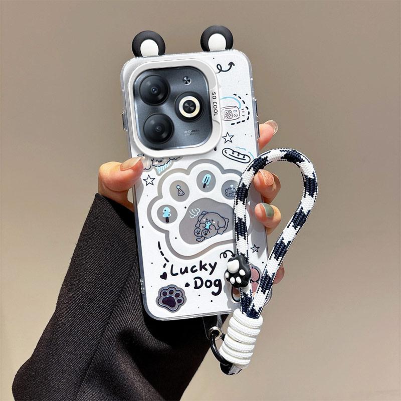 KEYSION Cute Ear Cartoon Case for Infinix Hot 40i with Lanyard Soft Silicone+PC Shockproof Phone Cover for Infinix Smart 8 HD