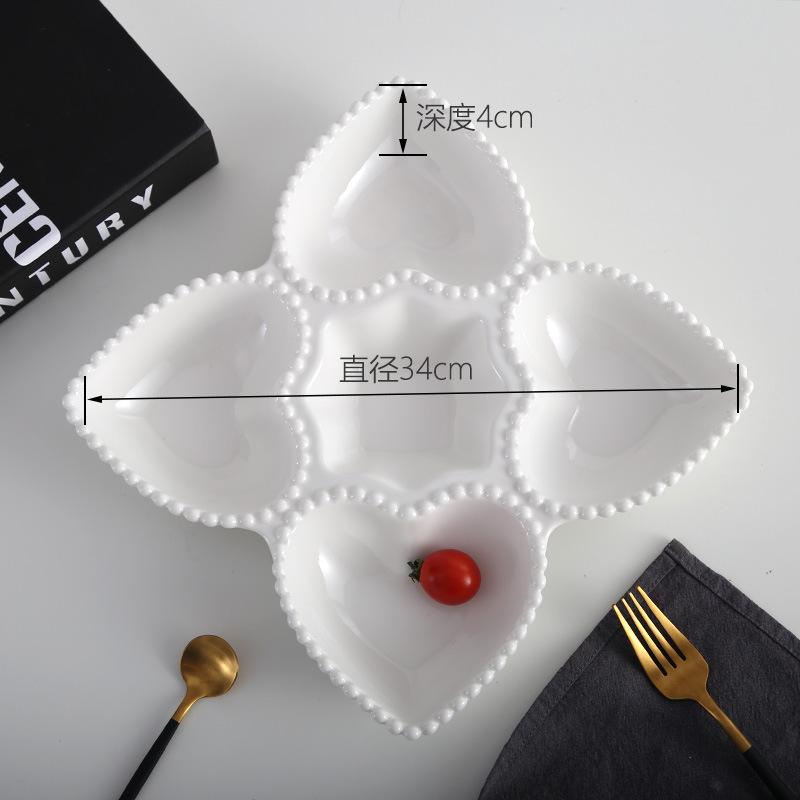 White Ceramic Heart Plate Delicate Salad Dessert Bowl Multi-Grid Snack Bowl Creative Peach Heart Cake Breakfast Plate Tableware