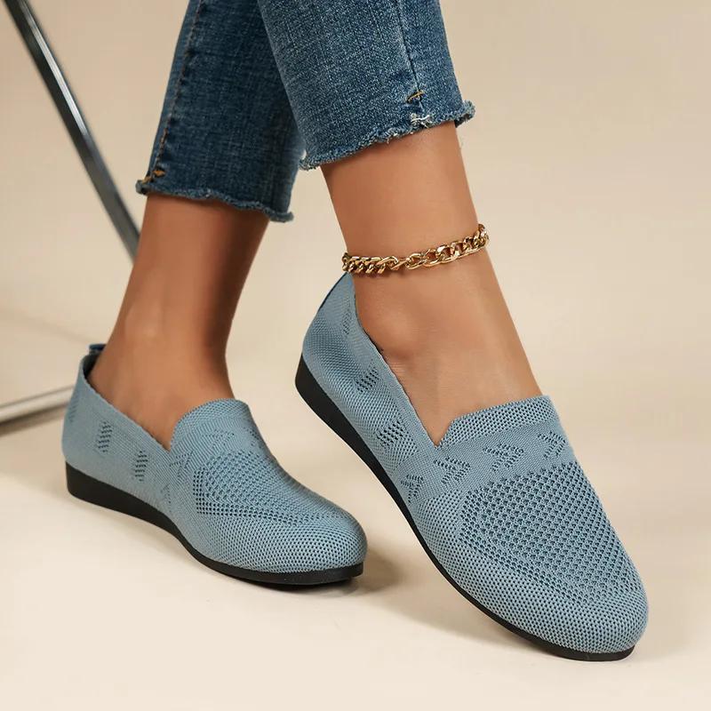 Loafers Women's Square Toe Breathable Slip on Square Toe Mesh Women Flats Shoes Soft Bottom Knit Ballet Flats Shoes Boat Shoes
