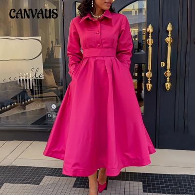 Plus Size Women's Autumn New Solid Color Lapel Long Sleeve A Line Dress