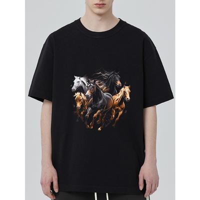 T-shirt Nera con Stampa di Cavalli al Galoppo per Abbigliamento Casual