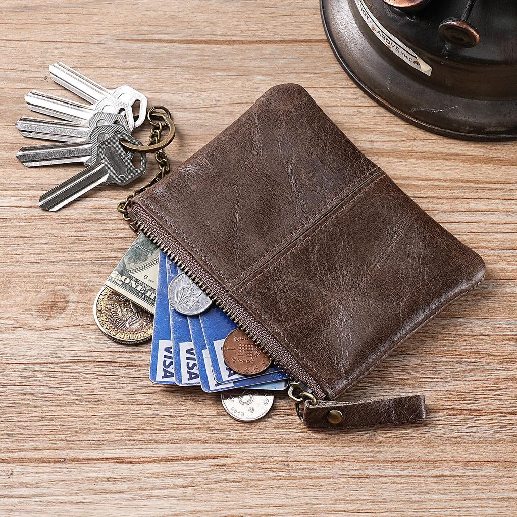 Mens and Women Retro Real Leather Zipper Wallet Card Holder Small Coins Keys Pocket Money Storage Pouch with Chain Key-ring