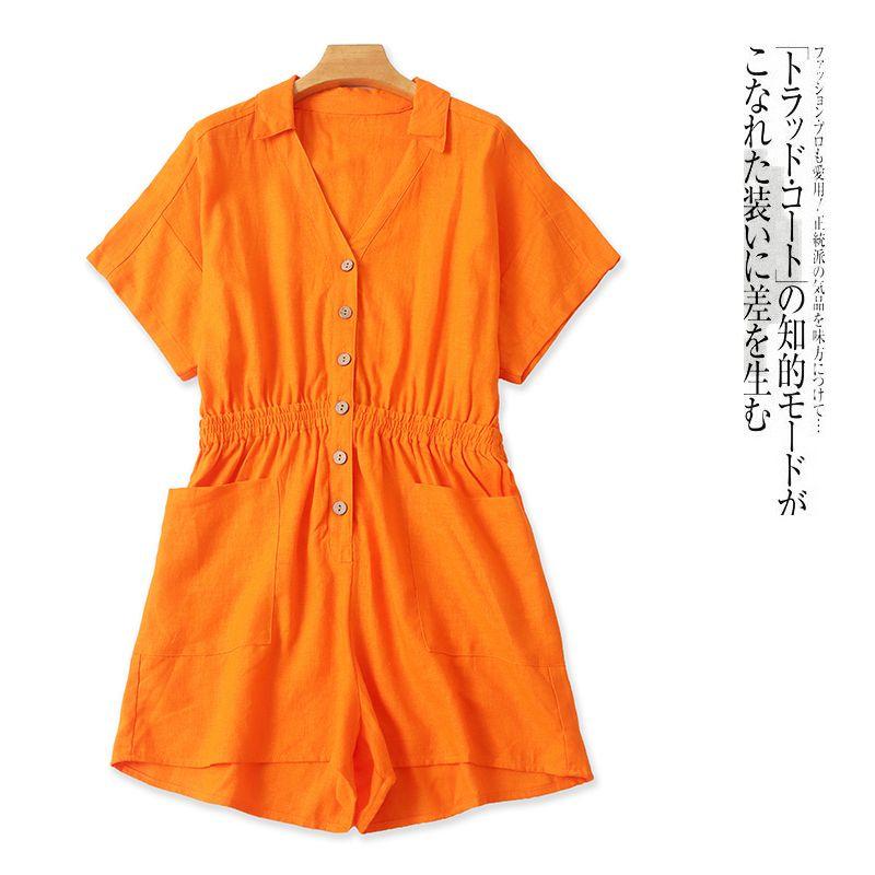 

Льняной комбинезон Amoi Внешняя торговля Женская одежда Флип + V-образный вырез Пуговицы Короткий рукав Эластичная талия Однотонный Широкие шорты 29486 Orange A- 2-29-5 S