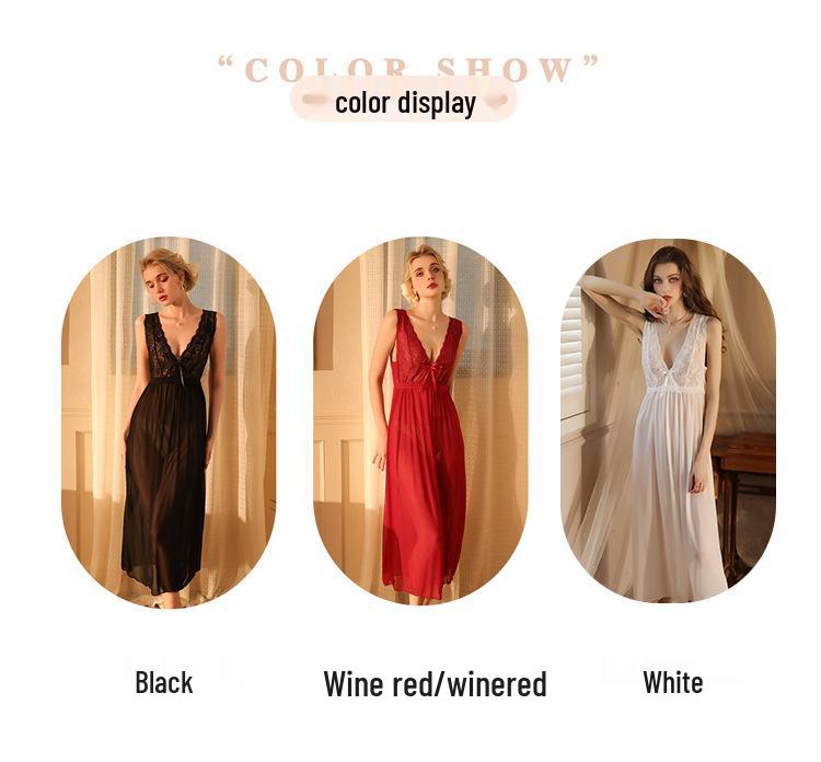 Elegant Women's Wide Strap Mesh Lace Nightgown Pajamas