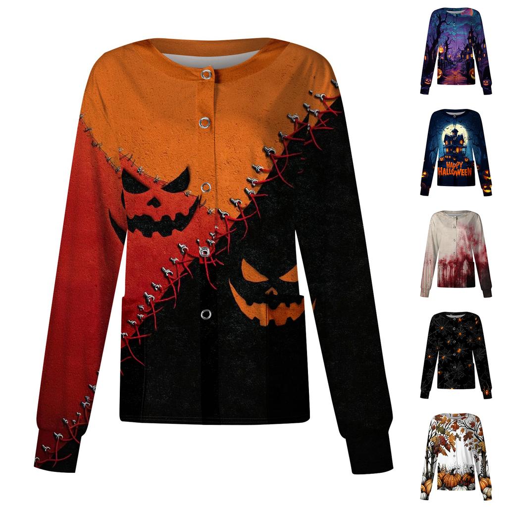 Womens Long Sleeve Button Front Cardigan Halloween Print Spider Web Pattern Lightweight Knit Top for Casual Wear and Work Uniform