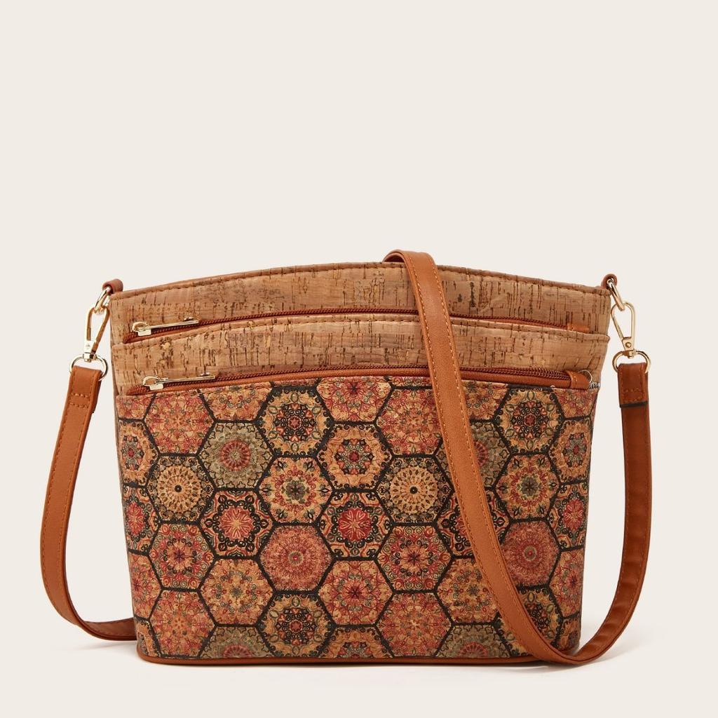 Kurk Crossbody Tas voor Dames Boheemse Stijl Vintage Bedrukte Handtas Hobo Schoudertas Portemonnee Portemonneetje Dames Lichtgewicht Schoudertas Met Verstelbare Riem