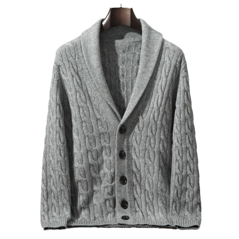 Men's Soft Cashmere Cardigan: Skin-Friendly, Thick Cable Knit, Shawl Collar Sweater.