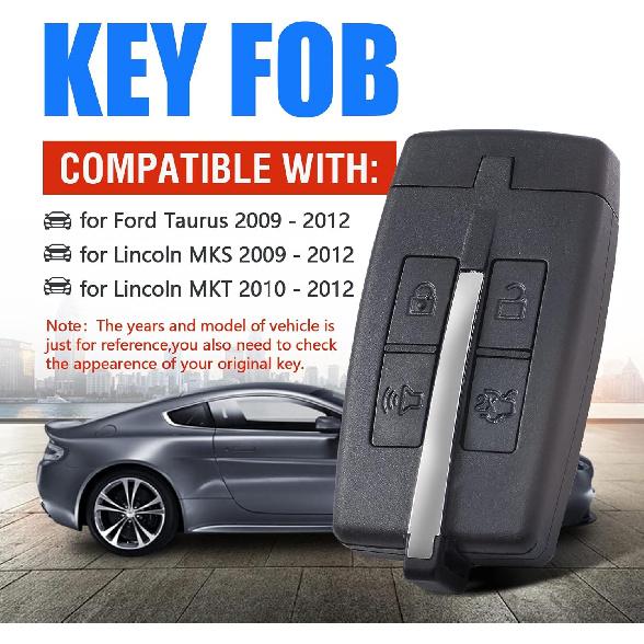 

Car Key Fob Keyless Entry Remote Control Replacement for Ford Taurus for Lincoln MKS MKT 2009-2012 FCC ID:M3N5WY8406 P/N:164-R7032 4 Buttons