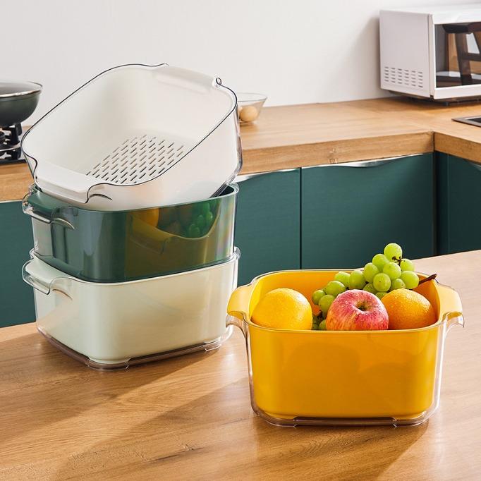 Double Layer Drain Basket Reusable Kitchen Food Washing Strainer Bowl For Fruit Vegetable Snack Storage Multi Color