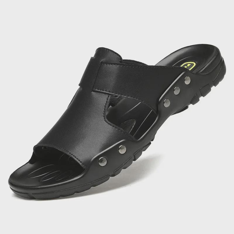 Men's Large Size Breathable Leather Sandals (Sizes 45-52) with Soft Soles, Wide Fit, and Flip Flop Style.